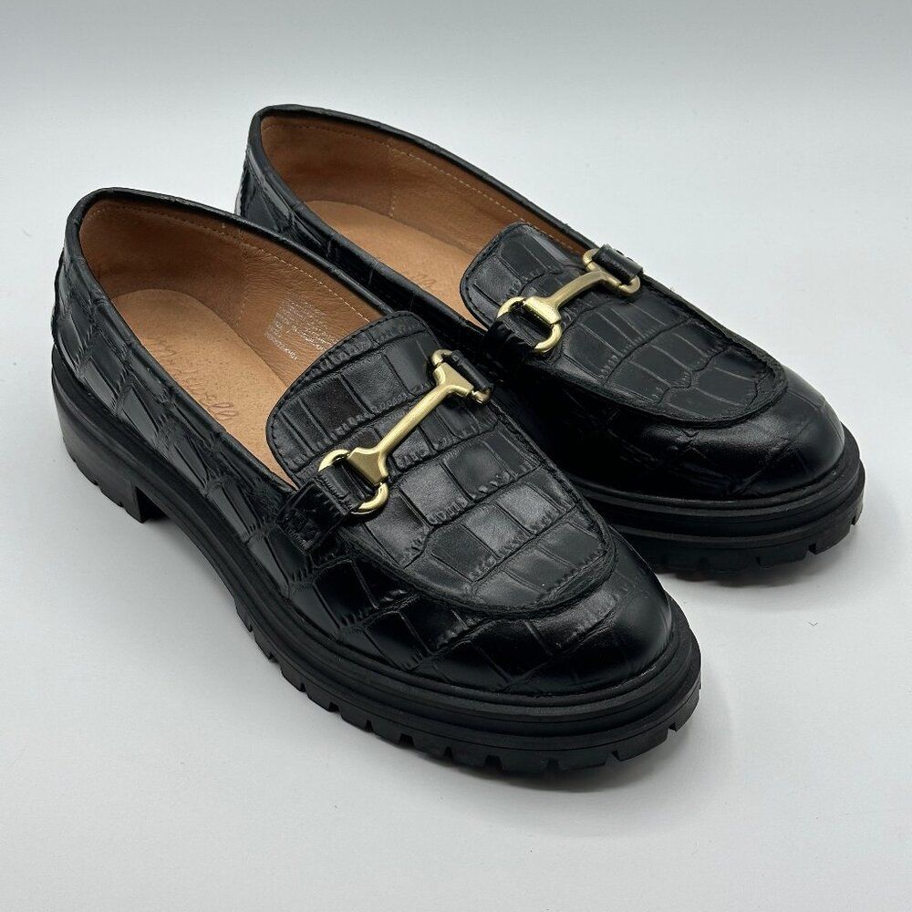 Madewell Women's Bradley Hardware Lugsole Loafer Croc Embossed Leather Black 7